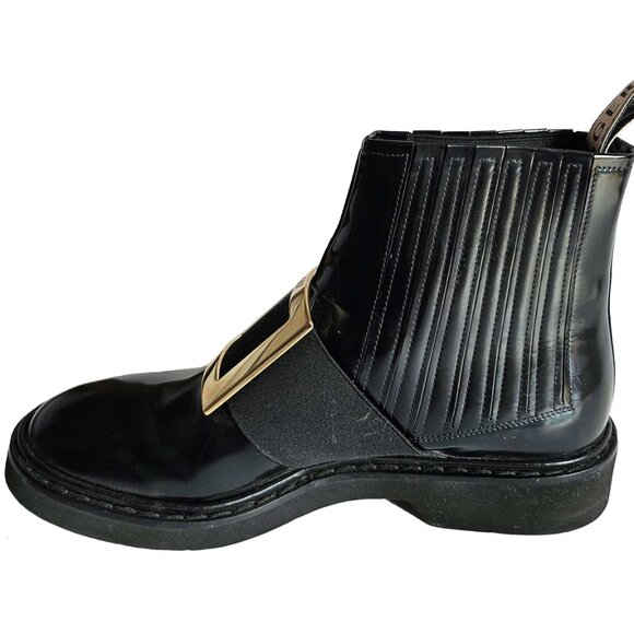 ROGER VIVIER BLACK VIV RANGERS LEATHER BUCKLE CHELSEA BOOTS (38.5) - Picture 5 of 11
